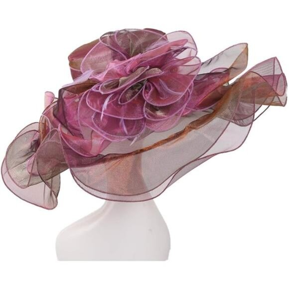 Women Sun Hat Church Wide Brim Dark Red - Picture 3 of 4